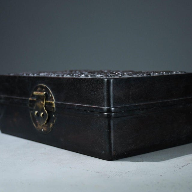 Chinese Vintage Chinese Rosewood Jewelry Box | Deep Relief Carved Double Dragon Motif Chest For Sale - Image 3 of 8
