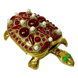 1960s Vintage Art Deco Coastal Hollywood Regency Bejeweled Brass Turtle Box For Sale