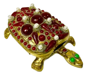 1960s Vintage Art Deco Coastal Hollywood Regency Bejeweled Brass Turtle Box.