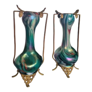 Rare Pair of Early 1900s Joseph Rindskopf Söhne Iridescent Art Nouveau Vases – Jugendstil Glass Collectibles