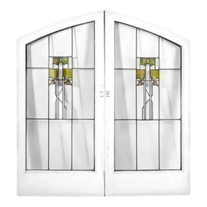 George W. Maher Prairie School Stained Glass Arched Hollyhock Window Pair, 1906