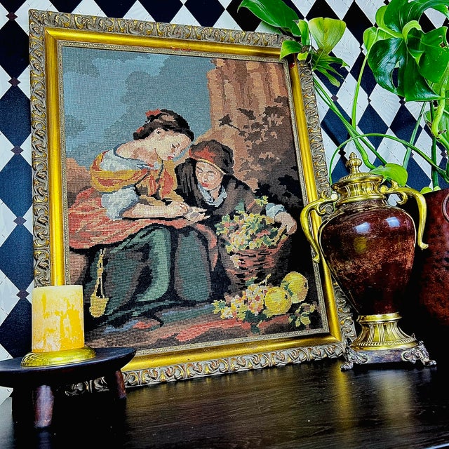 Grand-Sized Framed Margot De Paris Needlepoint After Murillo, “The Little Fruit Sellers,” 30" For Sale - Image 4 of 9