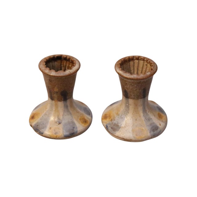 Rustic European Donn Young Attr. Ceramic Candle Holders, a Pair For Sale - Image 3 of 5