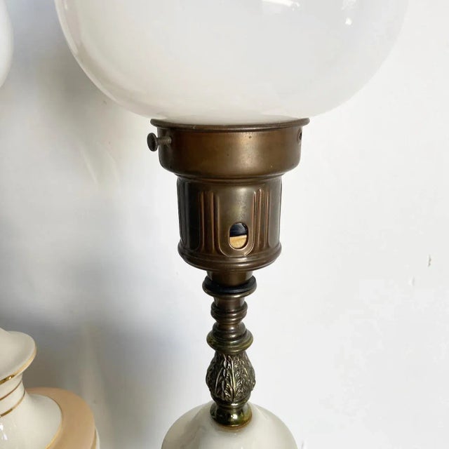 White Mid Century Porcelain and Brass Table Lamps For Sale - Image 8 of 11