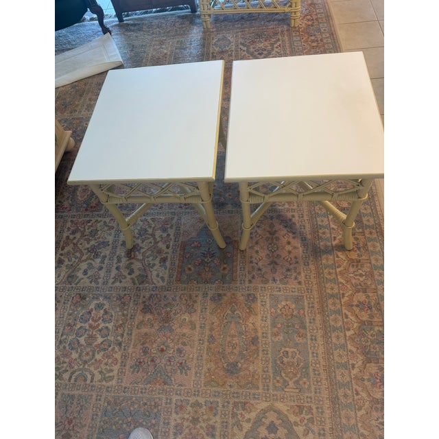 Chippendale Ficks Reed 2 End Tables Distressed Pineapple Bamboo White Formica Top For Sale - Image 3 of 3