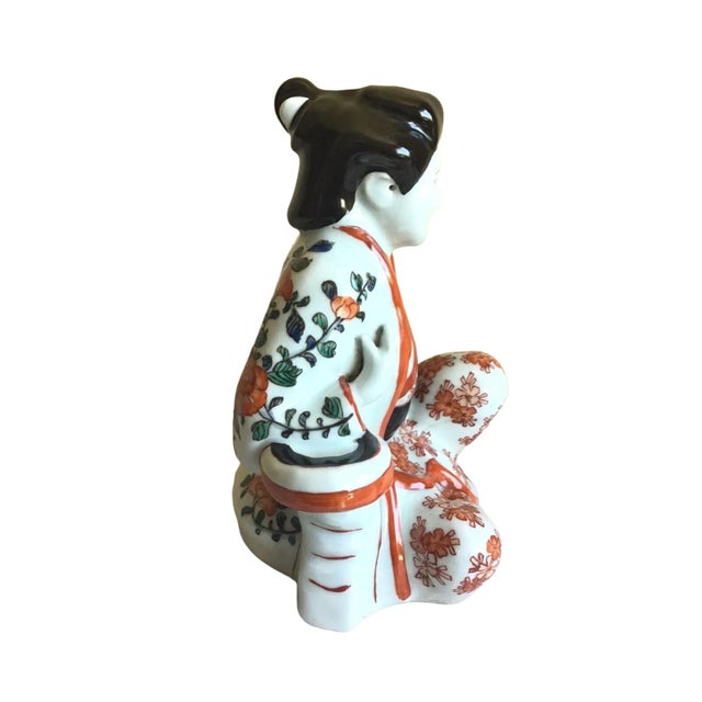 Asian Vintage Sitting Asian Male Handcrafted Hand Painted Glossy Porcelain Figurine For Sale - Image 3 of 8