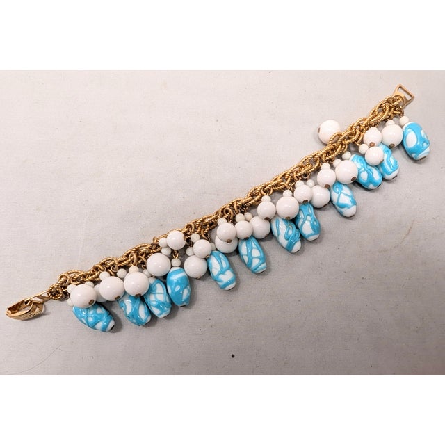 Metal Vintage Napier Book Piece Goldtone Blue & Turquoise Art Glass Charm Bracelet, 1967 For Sale - Image 7 of 15