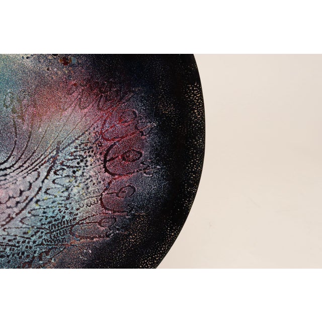 Large Vintage Enamel on Copper Sgraffito Peacock Decorative Plate by Arpad Rosti For Sale - Image 11 of 13
