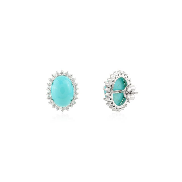 Boho Chic Statement Oval Cut Turquoise Halo Cubic Zircon Stud Earrings- A Pair For Sale - Image 3 of 8