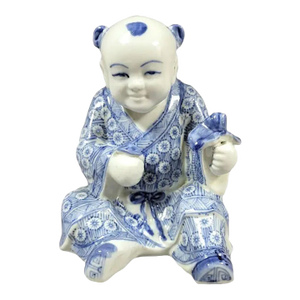 Chinese Blue & White Porcelain Seated Boy Figurine, 1980s