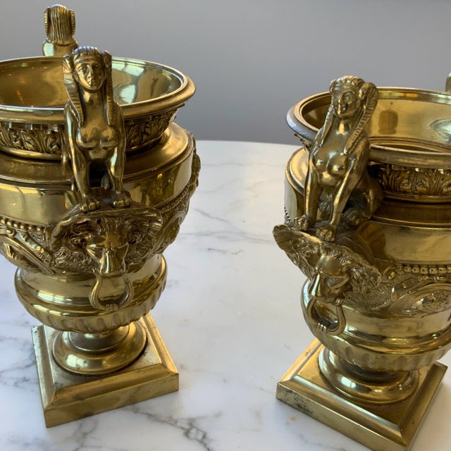 Figurative French Gilt Metal Urn Form Garnitures on Plinth Bases - a Pair For Sale - Image 3 of 11