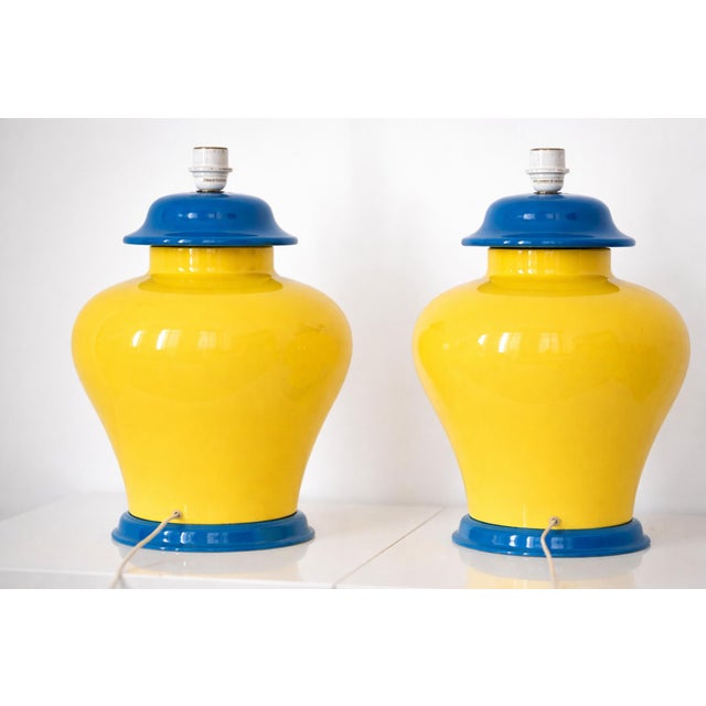 French Yellow and Cobalt Blue Glazed Ceramic Table Lamps, 20th Century, Set of 2 For Sale - Image 6 of 11