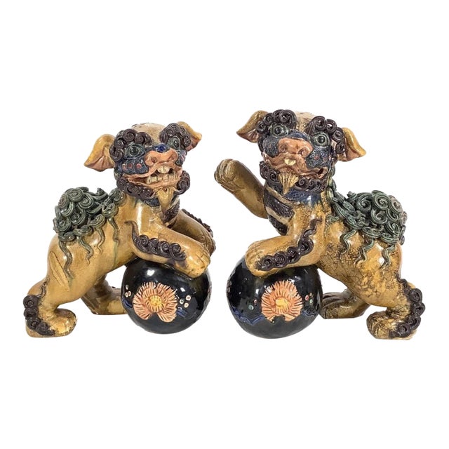 Pair of Mid-Century Chinese Ceramic Polychrome Foo Dog Figurine For Sale