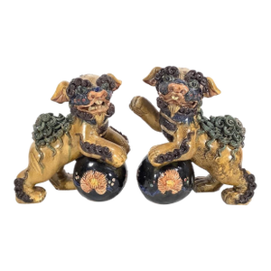 Pair of Mid-Century Chinese Ceramic Polychrome Foo Dog Figurine