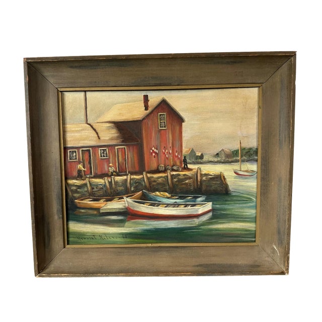 Vintage 1965 Framed Painting of Dinghys and Sailboat at the Lobster-Mans Shack in the Harbor For Sale - Image 13 of 13