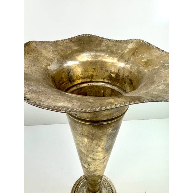 1970s Antique Silver-Plated Tall Trumpet Vase With Fluted Rim For Sale - Image 5 of 11