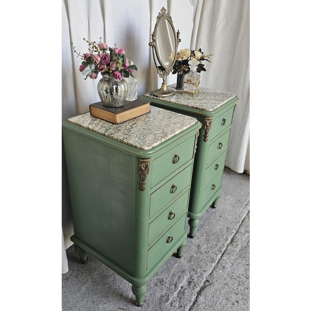 French Vintage Pair of Nightstands, French Louis XVI Style Marble-Top For Sale - Image 3 of 18