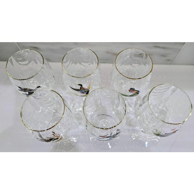 Vintage Ned Smith Waterfowl Series 22k Gold Rim Crinkle Wine Glasses Set of 6 For Sale In Dallas - Image 6 of 14