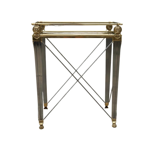 Metal Vintage Maison Jansen Style Hollywood Regency Accent Table | French Neoclassical Brass Lion Head & Paw Feet | Glass Top Side Table For Sale - Image 7 of 15