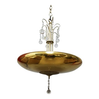 1940s Hollywood Regency Brass Fixture With Waterfall Crystal For Sale