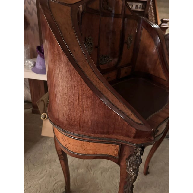 Antique French-Style Writing Desk With Ornate Carvings & Inlaid Wood For Sale - Image 14 of 14