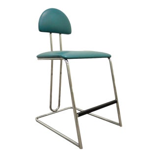 Vintage Loewenstein Modern Memphis Style Blue Chrome Counter Bar Stool Chair For Sale