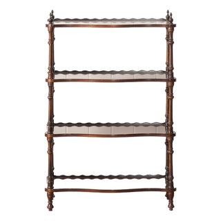 19th Century English Mahogany Bookshelf With Serpentine Shelves + Scalloped Back For Sale