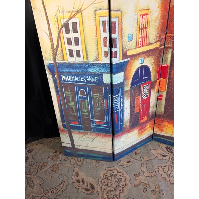 Vintage Double-Sided Parisian Street Scene Canvas 4-Panel Room Divider Screen For Sale - Image 11 of 12