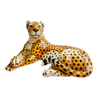 Vintage Large Scale Italian Glazed Porcelain Reclining Leopard Statue For Sale