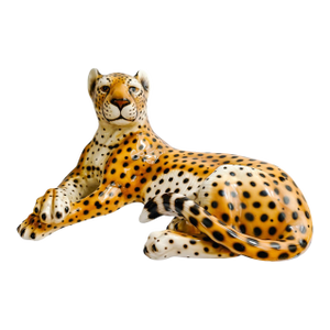 Vintage Large Scale Italian Glazed Porcelain Reclining Leopard Statue