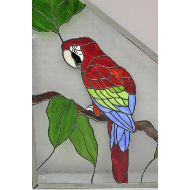 Late 20th Century Vintage Leaded Stained Glass Red and Blue Parrot Bird Window Suncatcher - A Pair For Sale - Image 5 of 11