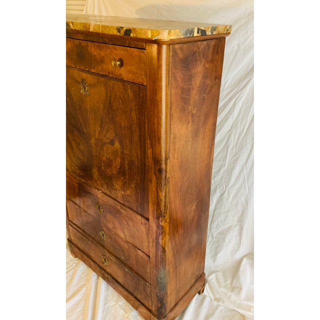 Chocolate Antique French Louis Philippe Secretary in Walnut With Marble Top Leather Gilt Embossed Writing Surface For Sale - Image 8 of 11