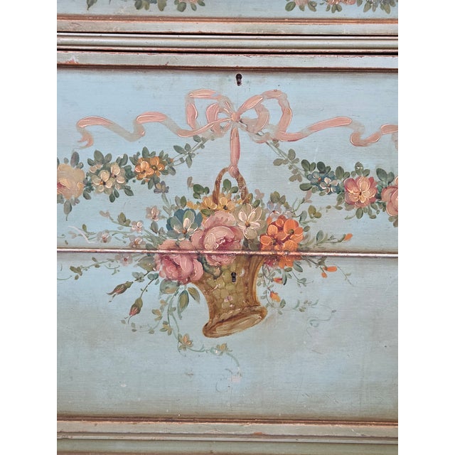 Antique French Floral Painted Mahogany Dresser With Matching Mirror For Sale - Image 4 of 18