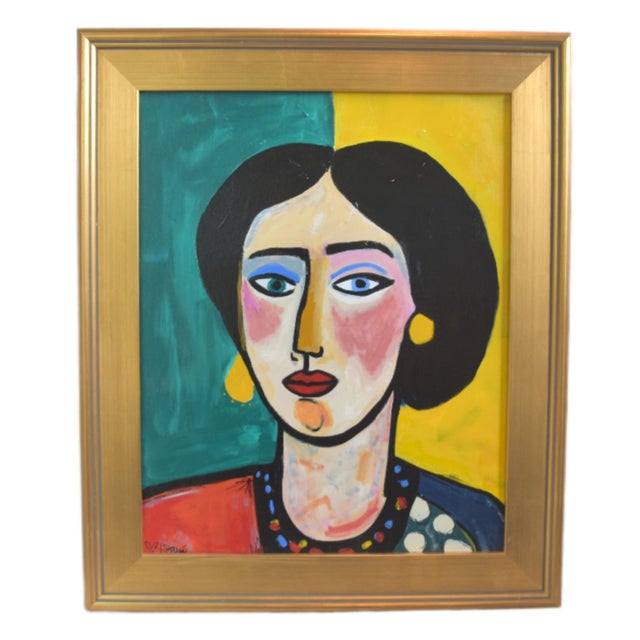 2020s Bold Impressionist Expressionist Woman Portrait Painting Including the Antiqued Gold Wood Frame For Sale - Image 5 of 5