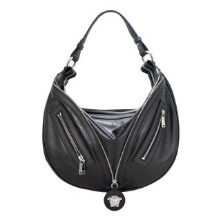 Versace Repeat Hobo Medium Black Leather Silver Hardware Shoulder Bag For Sale