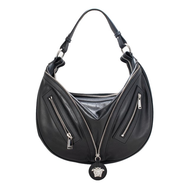 Versace Repeat Hobo Medium Black Leather Silver Hardware Shoulder Bag For Sale