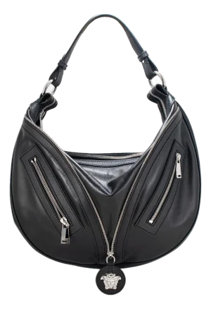 Versace Repeat Hobo Medium Black Leather Silver Hardware Shoulder Bag