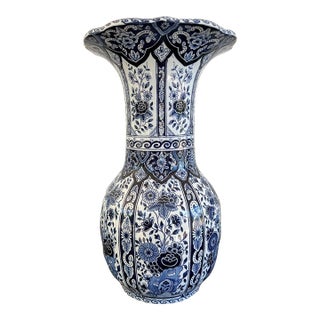 Vintage Large Delft Trumpet Vase Blue and White Floral Boch Royal Sphinx Urn For Sale