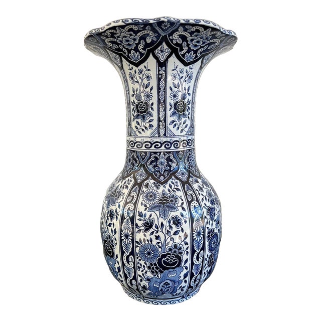 Vintage Large Delft Trumpet Vase Blue and White Floral Boch Royal Sphinx Urn For Sale