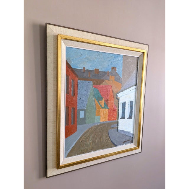 1968 Mid-Century 'Where the Street Bends' Vintage Swedish Street Scene Landscape Oil Painting, Framed For Sale - Image 4 of 11