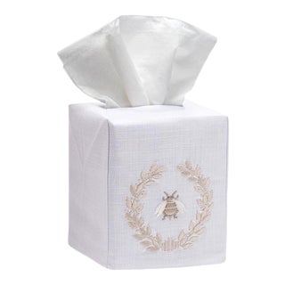 Beige Napoleon Bee Wreath Tissue Box Cover in White Linen & Cotton, Embroidiered For Sale