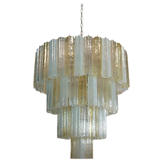 Large Vintage Italian Chrome and Opaline, Amber, and Clear Murano Glass Chandelier, 1980s For Sale
