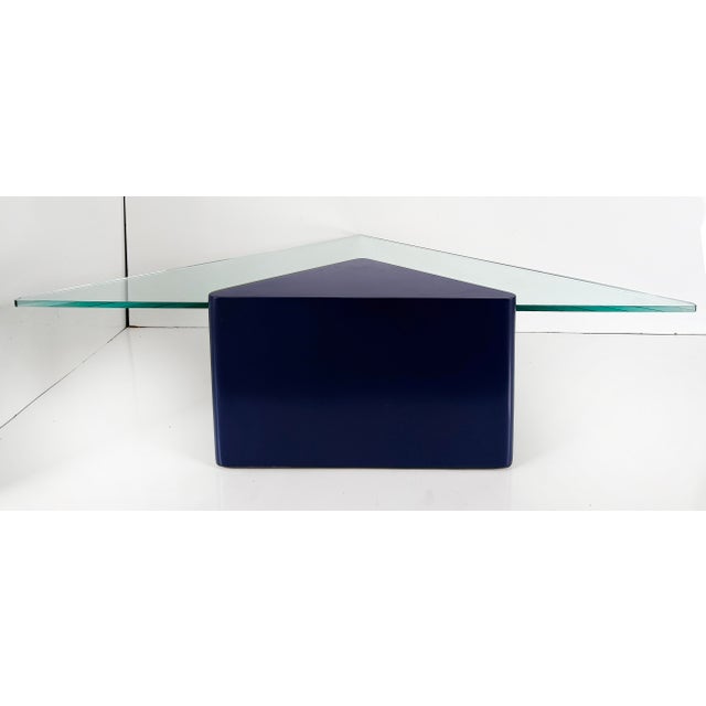 Lacquered Modern Triangle Coffee Tables With Glass, in Deep Midnight Blue 2 Aailable For Sale - Image 4 of 7