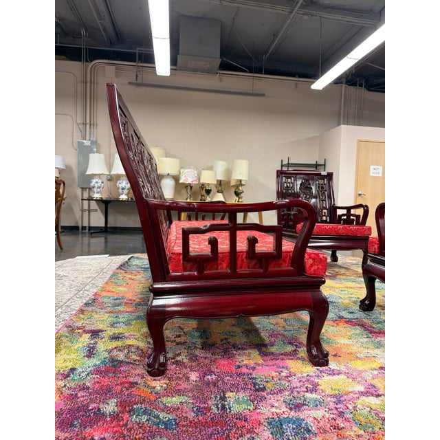 Late 20th Century Vintage Chinese Rosewood Three-Seat Sofa With Hand-Carved Dragon Medallions and Red Silk Cushion For Sale - Image 5 of 11