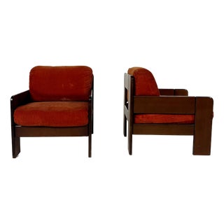 Mid-Century Armchairs in Orange Velvet, Italy, 1970s, Set of 2 For Sale