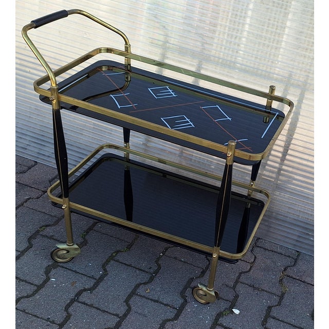 Black Mid-Century German Tea Trolley with Brass Frame and Black Glass Shelves, 1960s For Sale - Image 8 of 13