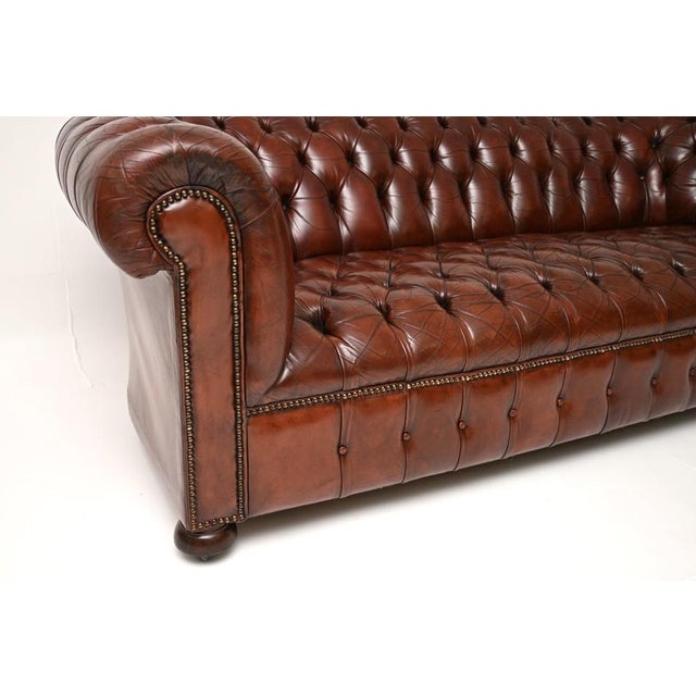 Wood Antique Deep Buttoned Leather Chesterfield Sofa, 1950 For Sale - Image 7 of 11
