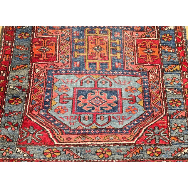 Antique Northwest Persian Runner Rug, Hand-Knotted Wool, Geometric Medallions Pattern, 3x10, Blue & Red For Sale - Image 14 of 15