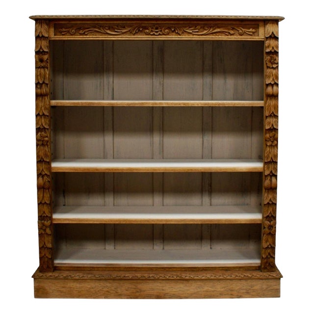 Antique Victorian Carved Oak Open Library Bookcase, 1880 For Sale