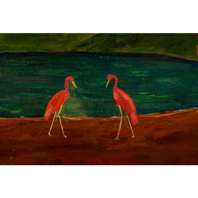 Modern Jean-Jacques Abiéniste, Flamingos by a Pond under a Pink Tree, Oil on Canvas For Sale - Image 3 of 13